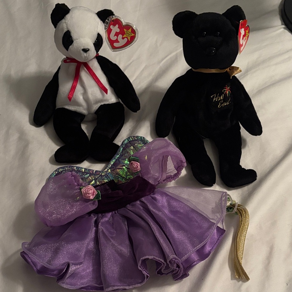 Ty Panda rare Fortune and The End Bear with Purple Fairy Dress Set